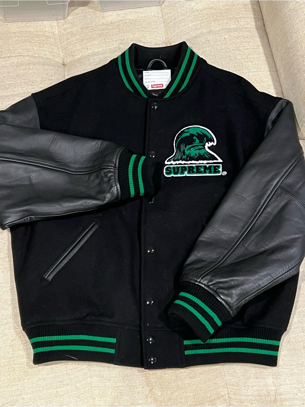 Supreme Black & Green Wave Varsity Jacket - Leather Sleeves